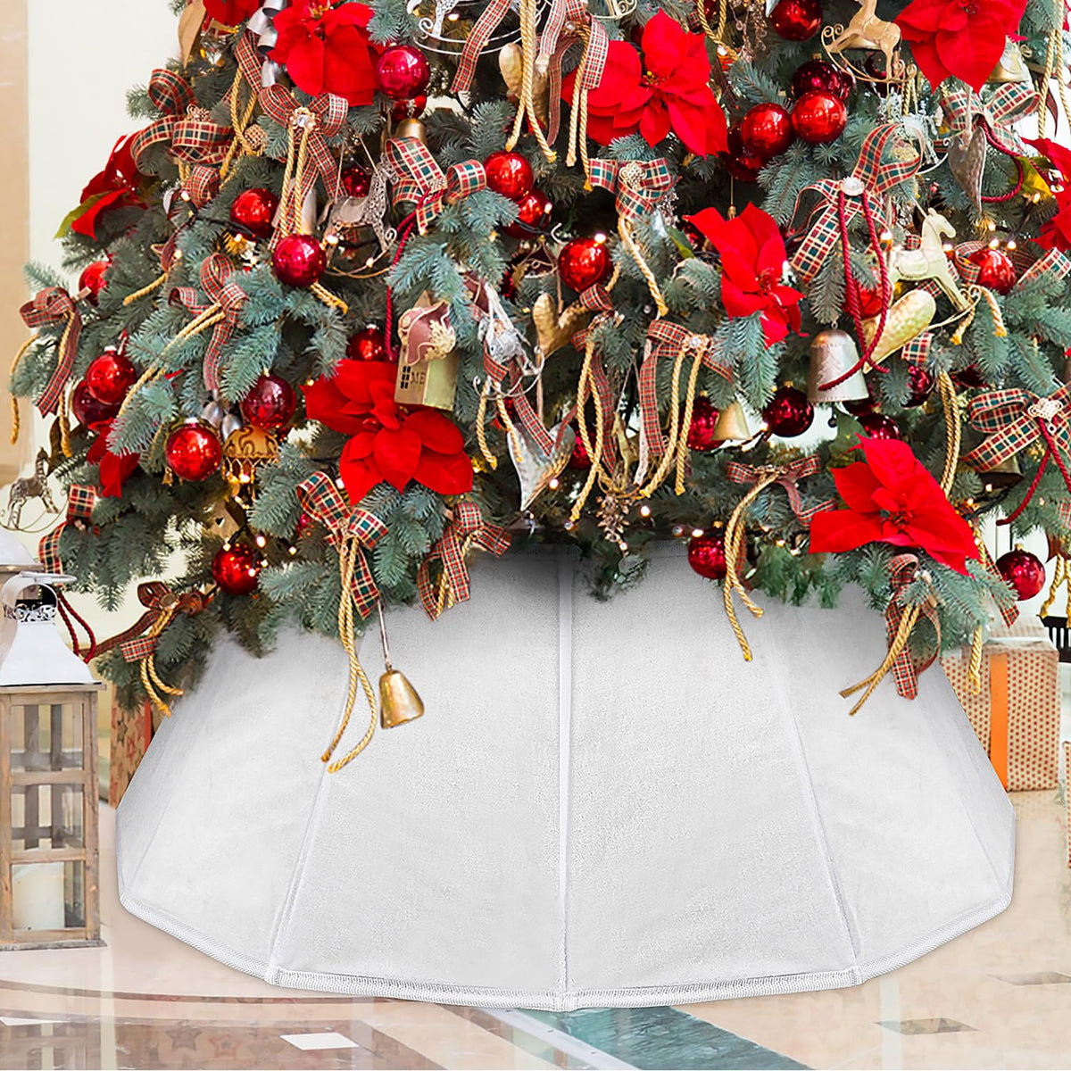 Velvet Folable Christmas Tree Collar - White Velvet Tree Skirt for Artificial Trees