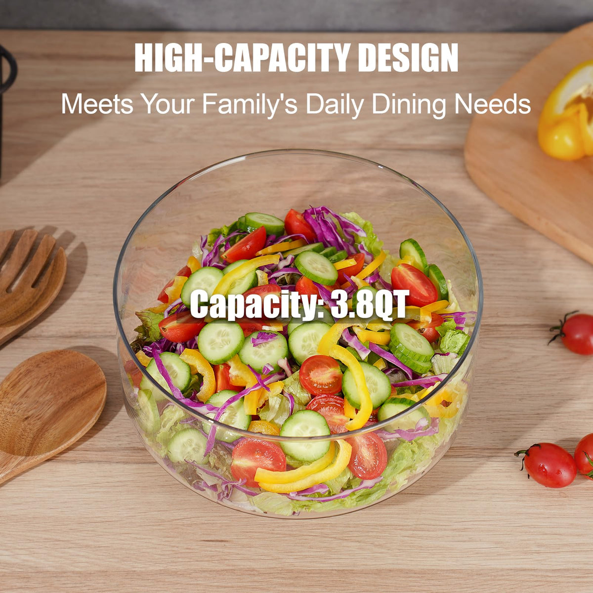 NiHome Glass Salad Bowl with Acacia Wood Salad Tongs, Large Capacity Design with Enhanced Stability, Versatile Serving Dish for Salads, Fruits, Ideal for Gatherings & Daily Family Dining