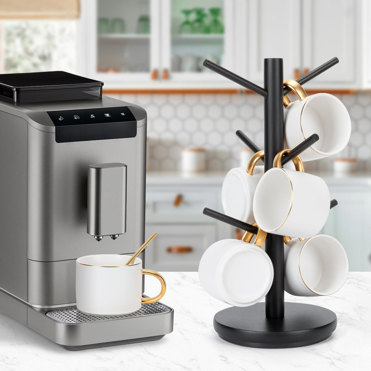 MyLifeUNIT Mug Holder Tree, 360° Rotated Coffee Cup Holder with 6 Hooks, Wooden Coffee Mug Holder Organizer for Counter Top, Coffee Bar Accessories (Black)