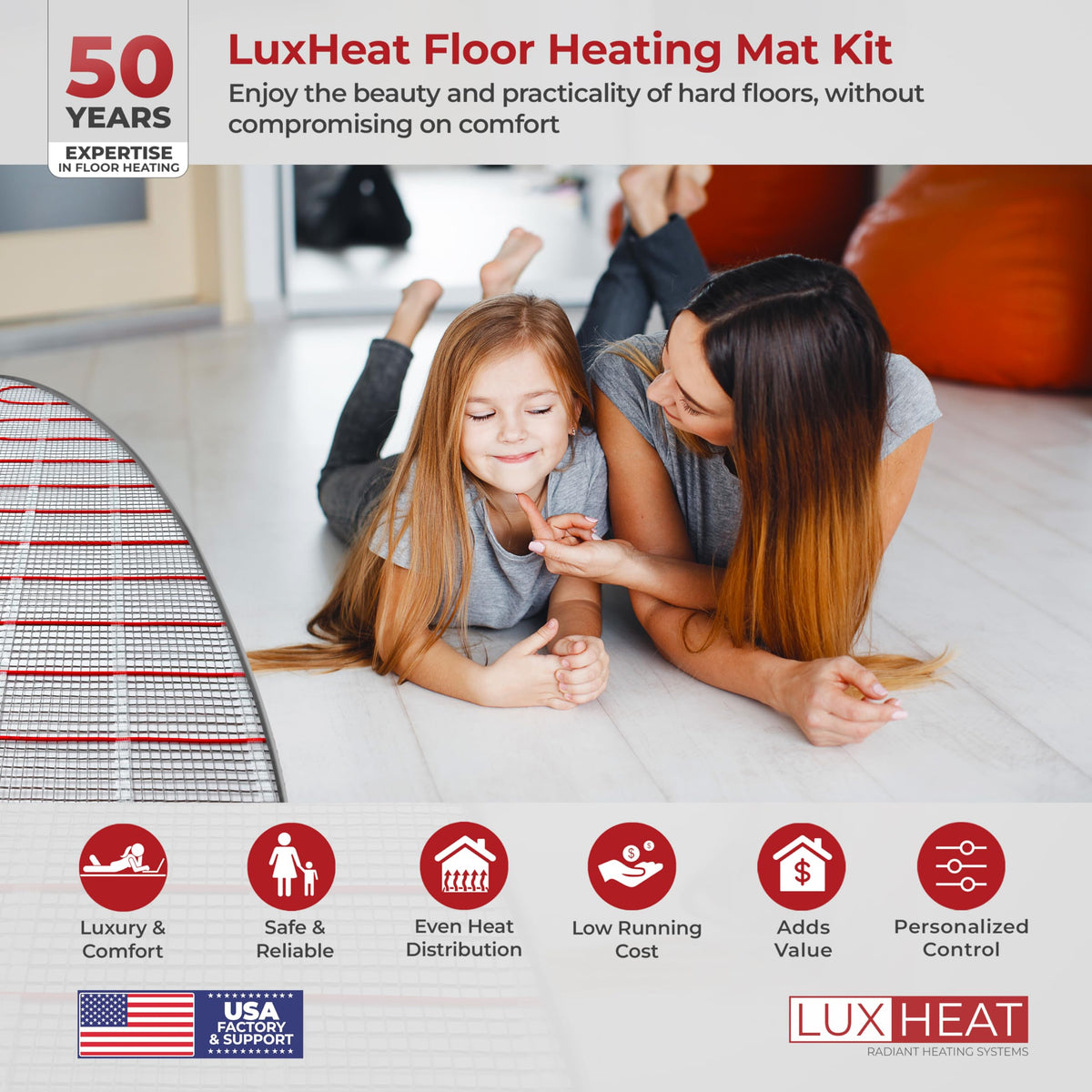 LuxHeat 30sqft Floor Heating Mat Kit - 120v Under Tile Floor Heating System - Complete Electric Radiant Heated Flooring System Includes Alarm, UDG4 Programmable Thermostat w/GFCI & Flooring Sensor