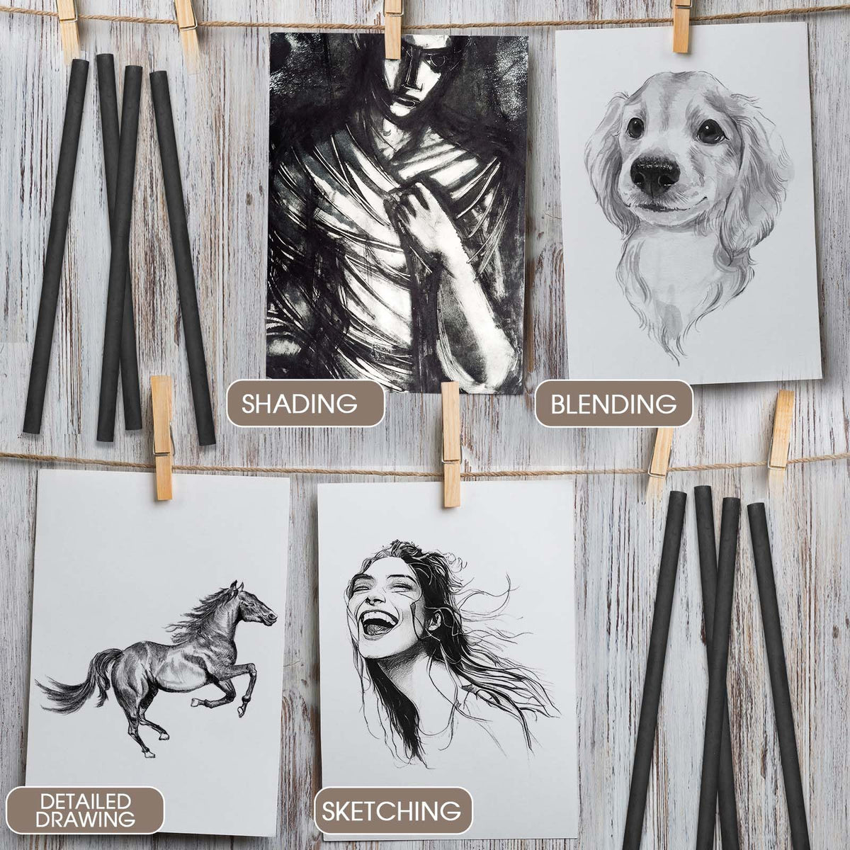 Gueevin 100 Pcs Willow Charcoal Sticks, Willow Charcoal, Artists, Beginners, Students, Perfect for Sketching, Drawing, Shading, and Fine Art Christmas Gifts for Art (2-4mm,4-5mm,5-7mm,7-9mm)