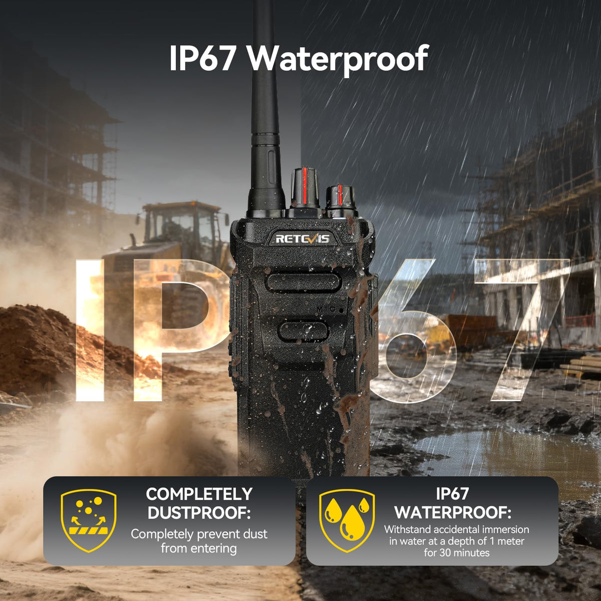 Retevis RT48 IP67 Waterproof Walkie Talkies for Adults,Heavy Duty,Professional Two Way Radio Rechargeable,1200mAh,VOX,Emergency Alarm,Rugged 2 Way Radios for Work Construction Jobsite School(10 Pack)