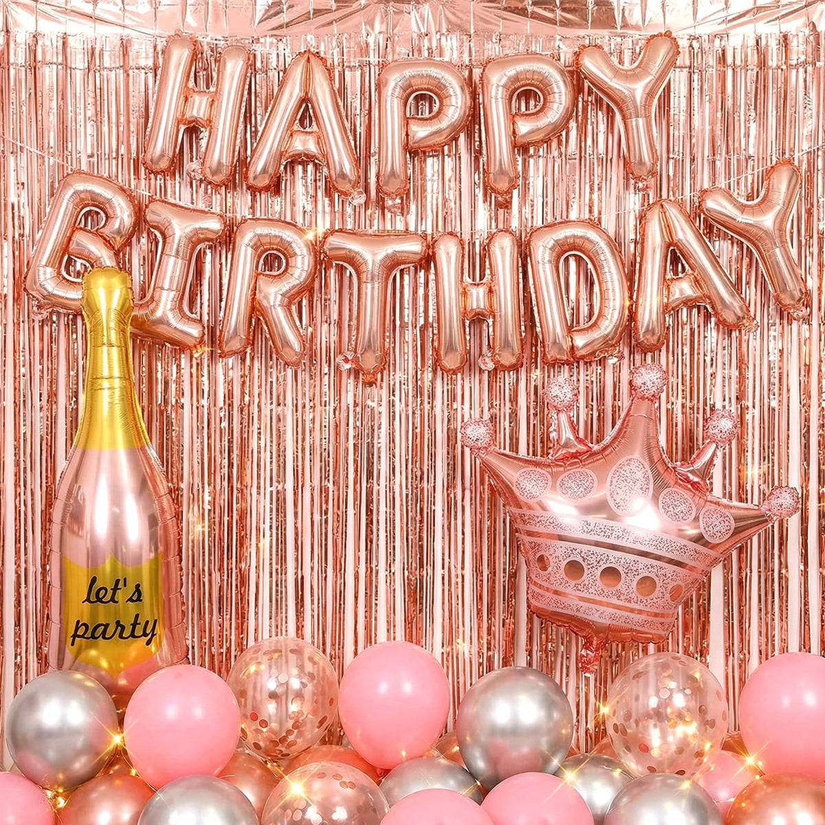 Ckhoid 60PCS Birthday Party Decoration Rose Gold Party Backdrop with Happy Birthday Banner Pink Fringe Curtain Foil & Confetti Crown Wine Bottle Lipstick Birthday Balloons for Women Birthday Party