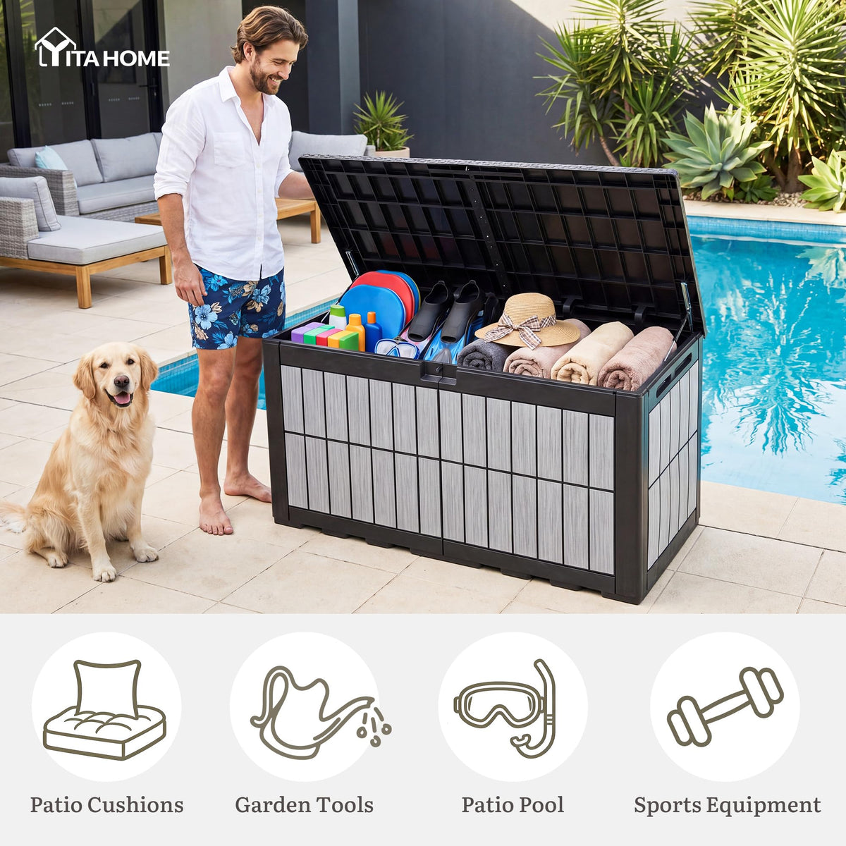 YITAHOME 134 Gallon Large Deck Box, Waterproof Resin Outdoor Storage Box with Lock, Doubles as Bench Seating for Patio Furniture Cushions,Garden Tools & Pool Accessories, Black & Wood-Grain Gray