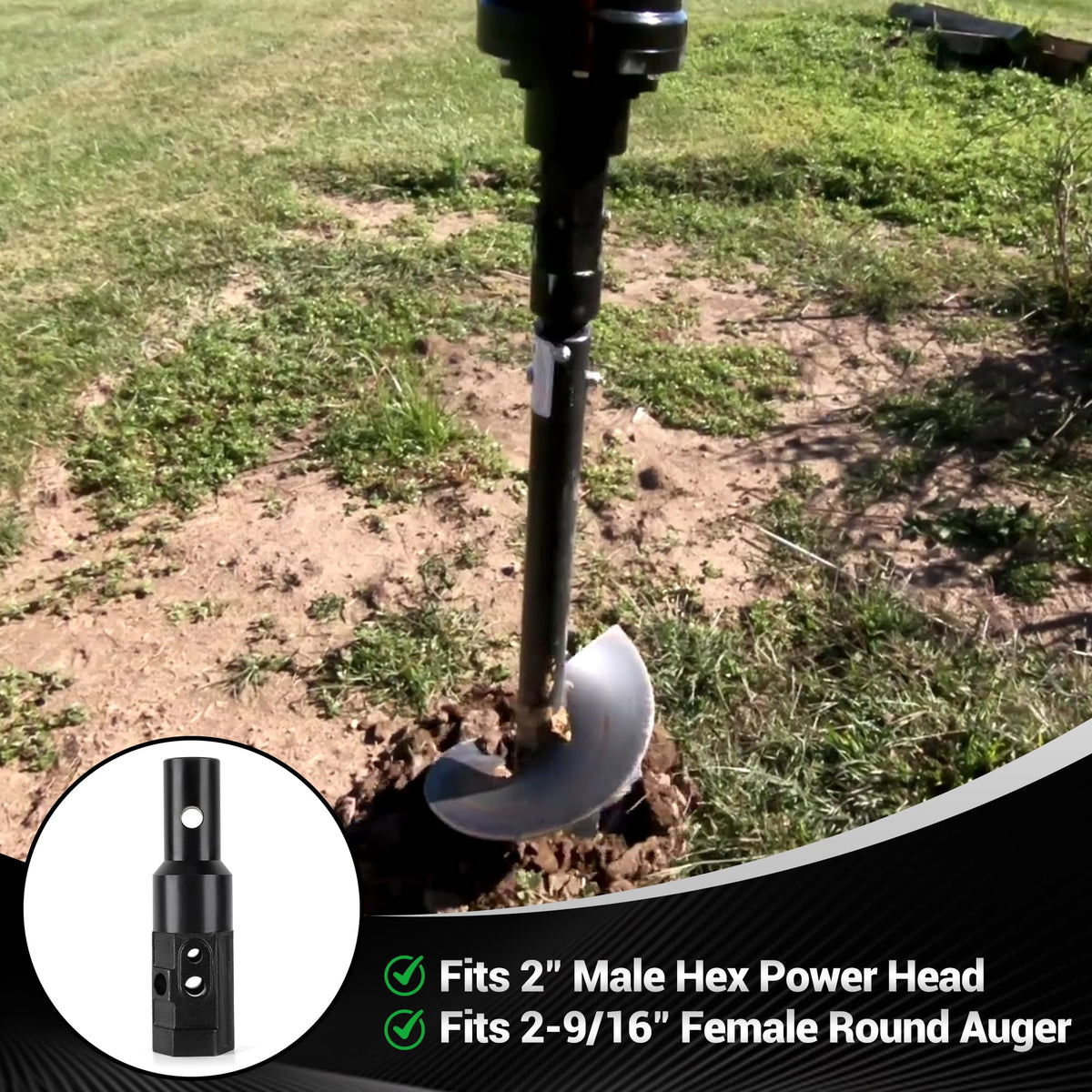 2" Female Hex to 2-9/16" Male Round Auger Adapter Heavy-Duty Auger Coupler Welded Drive Converter for Skid Steer, Tractor, Post Hole Digger & Earth Auger Bit, Fits 3/4" or 7/8" Pins