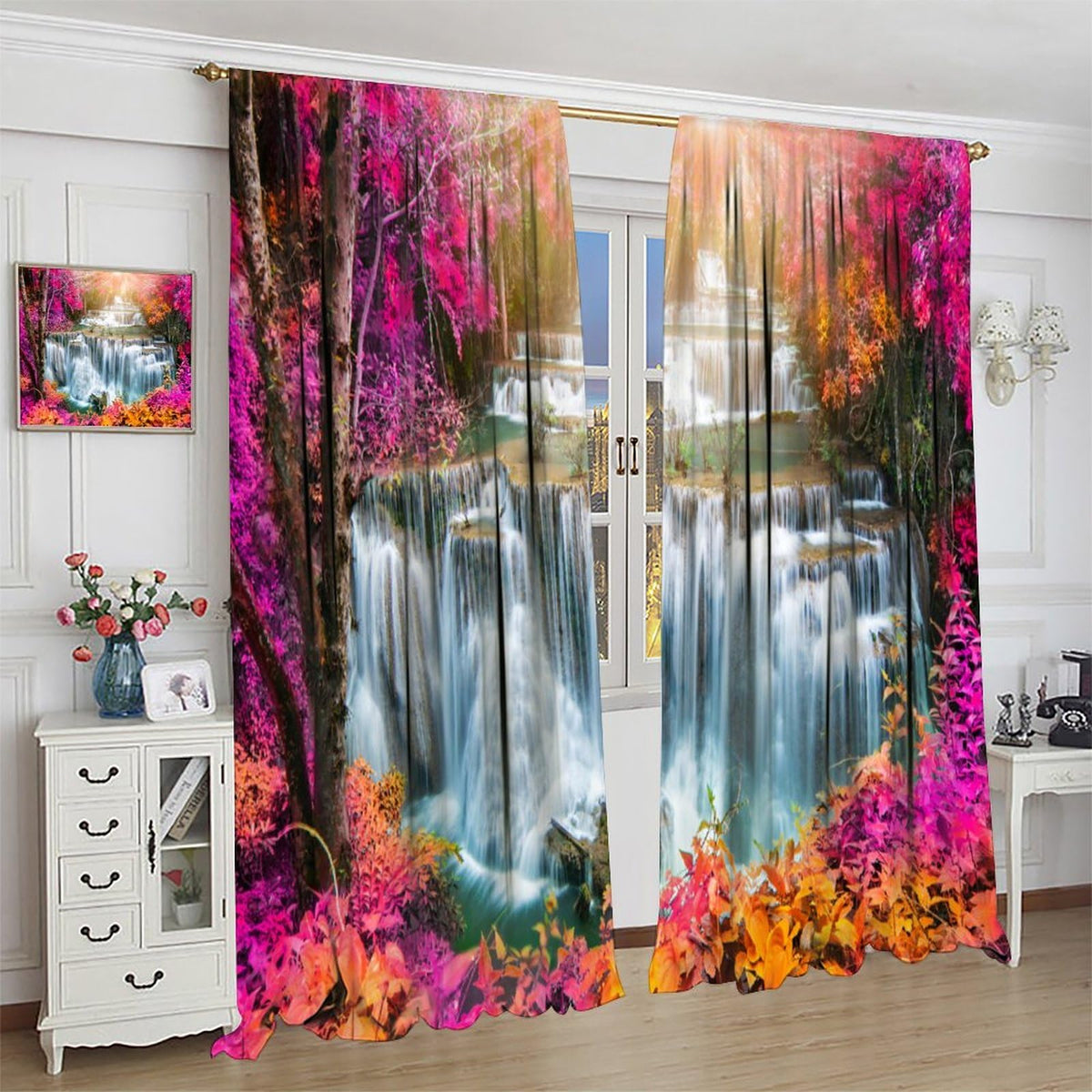 Focusbrite Waterfall Curtains，Spring Nature Theme Pink Floral Forest Landscape Scenery Pattern Waterproof Fabric Rod Pocket Window Drapes for Bedroom Living Room Cafe Set 2 Panels,42x45 Inches