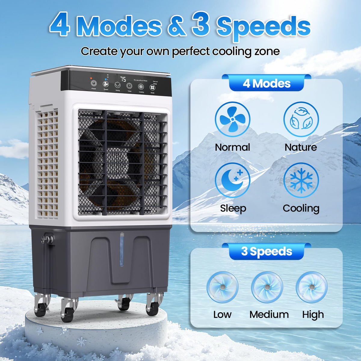 Swamp Cooler Air Conditioner, 4-in-1 Evaporative Air Cooler with 7.5-Gal Water Tank, 4 Modes, 3 Speeds, Dry Burn Protection, Remote, 12H Timer, Portable Windowless AC for Home, Office, Garage