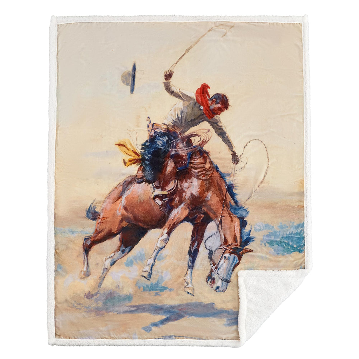 Indigo Hill by HiEnd Accents Buster 3 Piece Sherpa Western Throw Blanket Set, Cowboy Horse Print, Cream Blue Fleece Western Blanket with Pillows, Rustic Southwestern Style, 1 Throw and 2 Pillows
