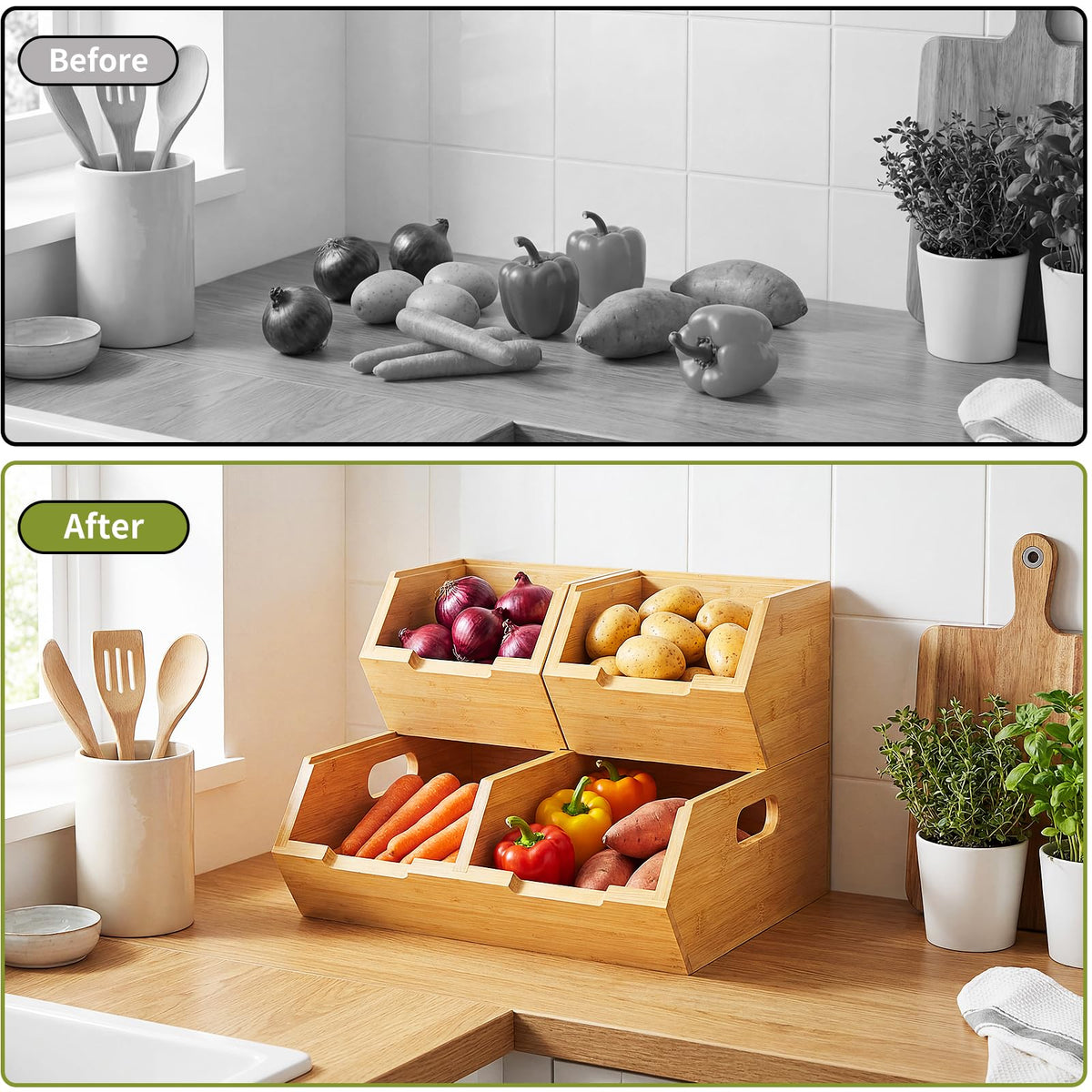 Bambition Bamboo Pantry Storage Bins, Stackable Potato and Onion Storage Bin for Kitchen Countertop, Wood Pantry Organizer Baskets for Fruit Vegetable Snack