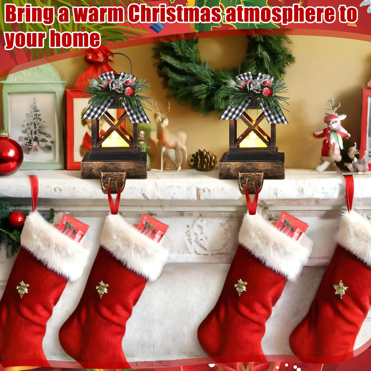Therwen 2 Pcs Christmas Stocking Holders Lantern Christmas Stocking Hangers for Mantel Xmas Hooks Decorative Retro Light up Holders for Home Indoor Outdoor Decor(Classic,Bronze)