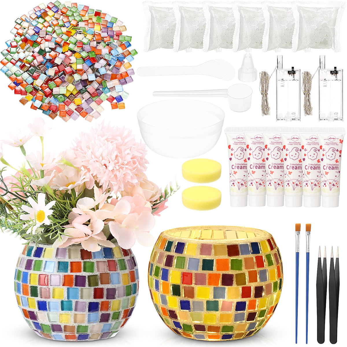 Remerry 2 Set Glass Mosaic Candle Holder Kit with Lights DIY Mosaic Arts and Crafts Gifts Decorative Handmade Flower Glass Vase Tealight Holder for Adults Home Lighting Decor
