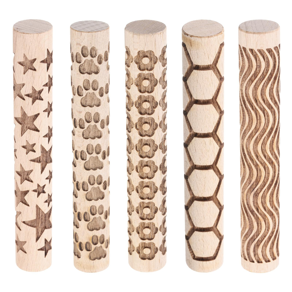 HARFINGTON 5pcs Wood Clay Roller 4"Lines Flower Paw Print Hexagon Star Pattern Rolling Pins Pottery Tools Wood Grain Texture Rollers for Clay Baking Dough Playdough DIY