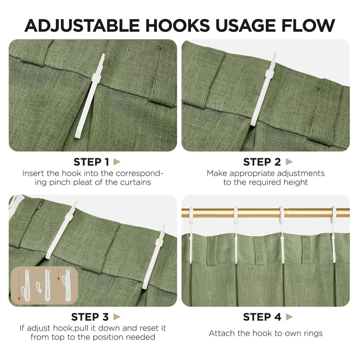 Joydeco Olive Green Pinch Pleated Linen Curtains 84 Inch Long 2 Panel Set for Living Room, Semi Sheer Curtain for Bedroom, Back Tab Light Filtering Drapes with Adjustable Hooks (40”W x84”L)