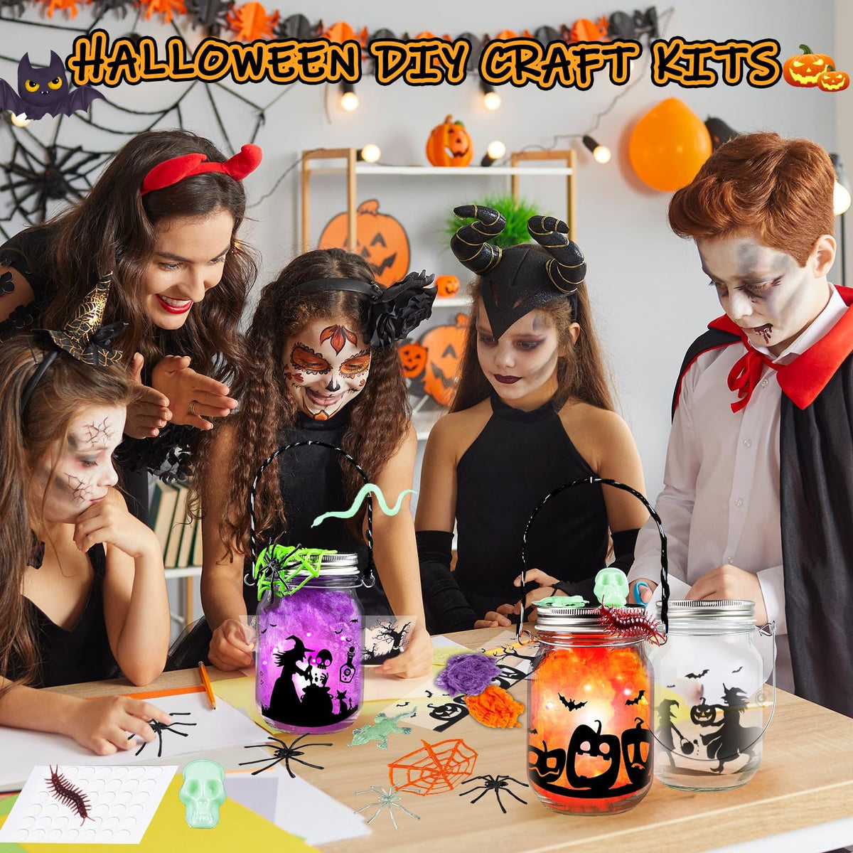 Halloween Craft for Kids,4PCS Halloween Mason Jar Kit with Accessories for Kids DIY,Halloween-Theme Art Activities Supplies Gifts for Kids Aged 4-12,Party Decoration Classroom Trick or Treat