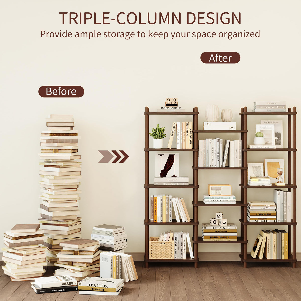 IOTXY Wooden Triple Wide Bookshelf - 5-Tier Large Shelf Bookcase with Solid Beech Frame, Tall Freestanding Open Etagere Display Rack for Home Office, Walnut