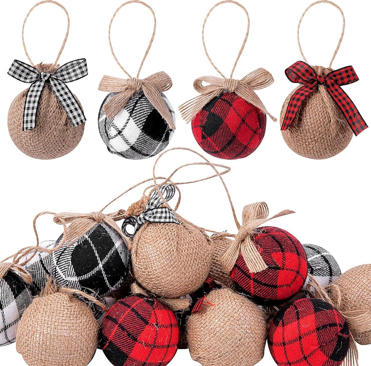 Deloky 16 Pcs Buffalo Plaid Fabric Ball- 2 Inch Christmas Fabric Wrapped Burlap Balls- Rustic Ball Ornaments with Bow for Christmas Tree Party Decoration Supplies