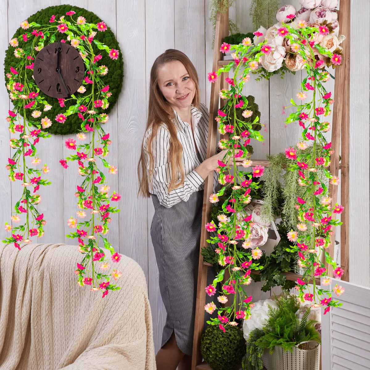 2 Pack Spring Flower Garland, 13.6 Ft Silky Artificial Pink Garland with Pink Daisy and Vine, Floral Garlands Decoration for Room Wall, Flower Themed Party, Wedding Supplies