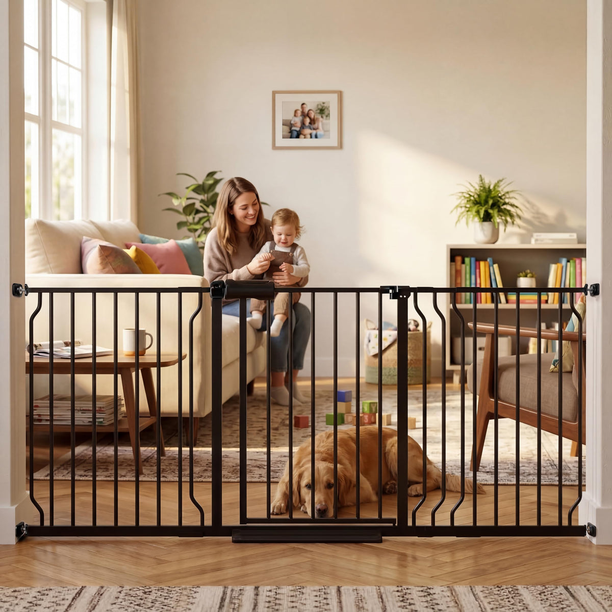 TSAYAWA 62.2"-71.65" Extra Wide Auto Closing Baby Safety Gate for Stairs & Doorways, Pressure Mounted No Drill Pet Gate with Walk-Through Door - Heavy Duty Childproof Gate for Toddlers, Kids, Dogs