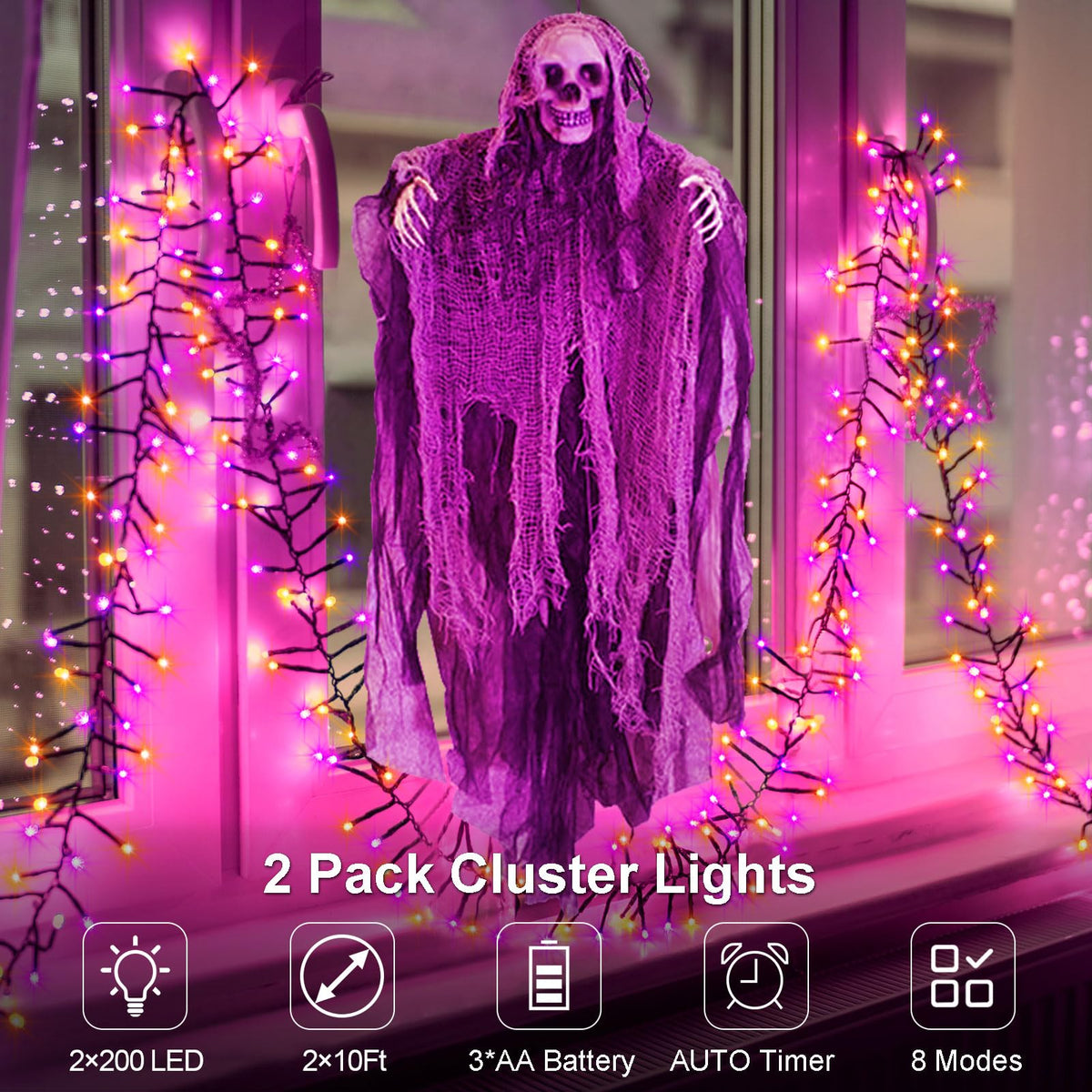 BSGlobal Purple Orange Halloween String Lights Battery, Total 20Ft 400 LED Cluster String Lights with Timer 8 Modes Firecracker Lights Outdoor Waterproof for Tree Home Decor
