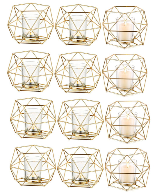 Hewory Geometric Tealight Candle Holders Gold, Modern Metal Geo Wedding Centerpieces for Table, Votive Candle Stand Accent for Tea Light for Home Shelf Mantel Christmas Birthday Party Decor, 12pcs