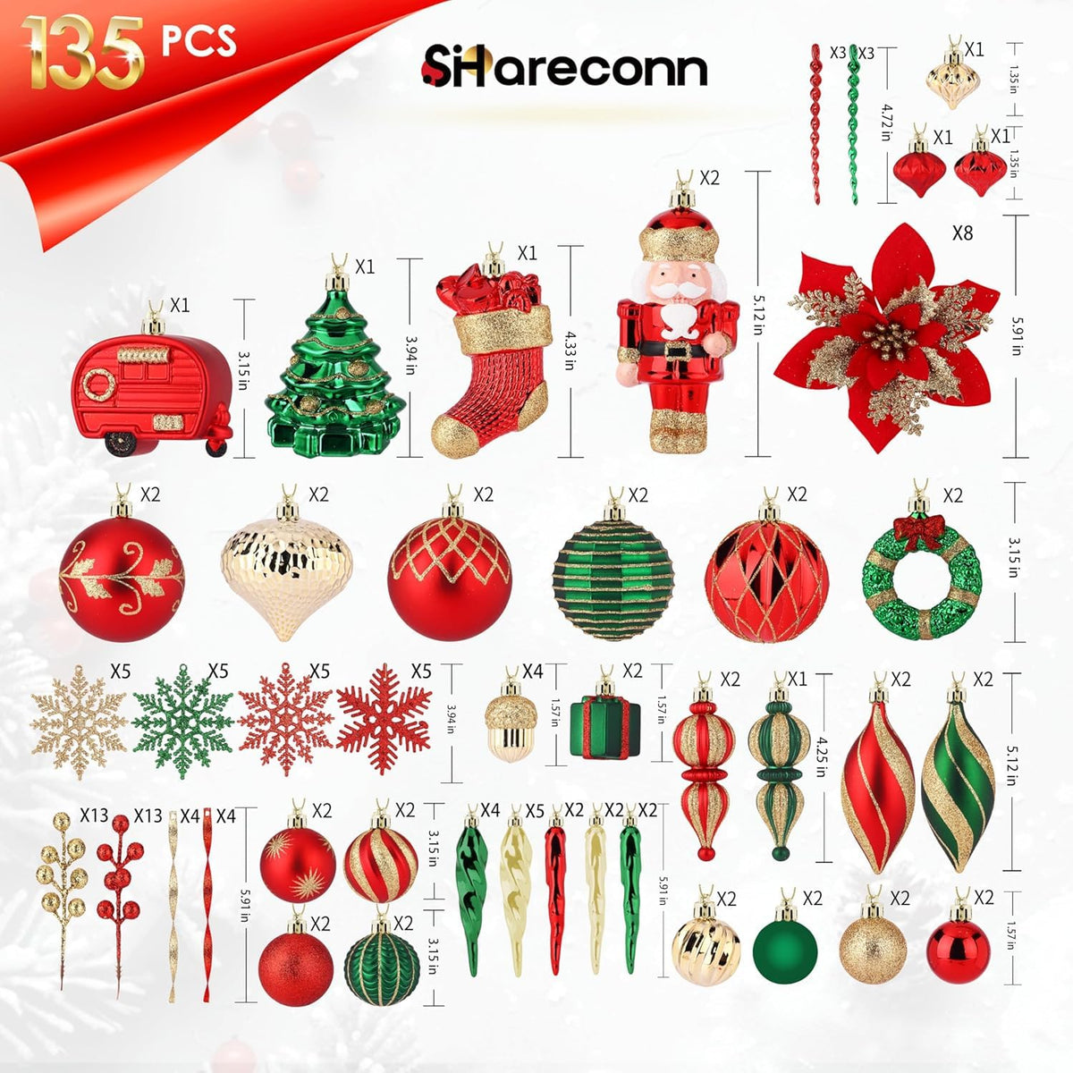 SHareconn 135pcs Christmas Balls Ornaments Set, Shatterproof Plastic Baubles, Ribbon and Tree Topper for Xmas Tree Holiday Wedding Party Decorations with Hanging Strings, Red, Green and Gold
