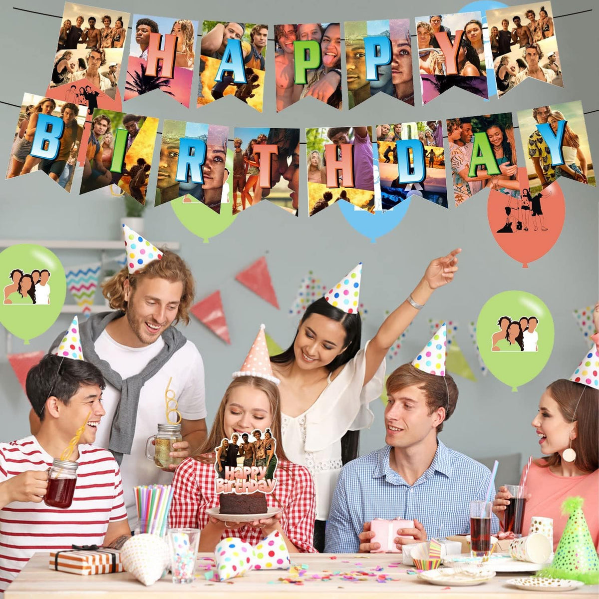 Birthday Party Supplies,Outer Balloons Decorations for Banks Party Happy Birthday Balloons, Cupcake Toppers, Cake Toppers
