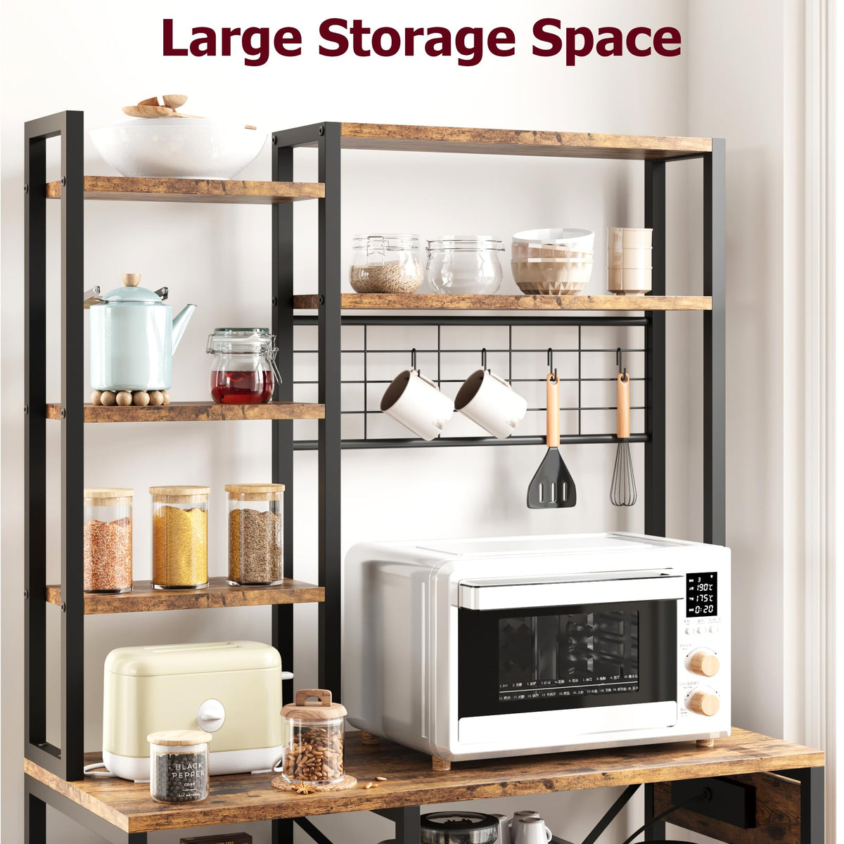 IDEALHOUSE Bakers Rack with Power Outlet, Microwave Stand with 2 Wire Drawer, Industrial Coffee Bar Station, 7-Tier Kitchen Bakers Rack with Large Storage for Spice, Pots Organizer, Rustic Brown