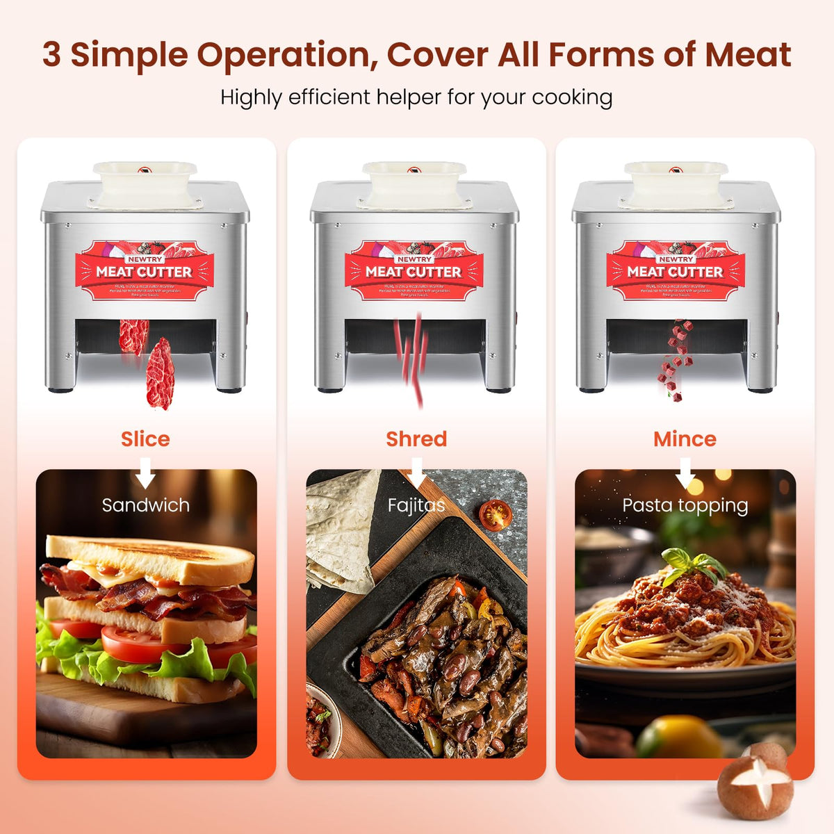 NEWTRY Commercial Meat Cutter Machine, 10mm Blade, Save Time, Easy to Clean, Slices Strips Cubes 3 in 1, 110V US Plug