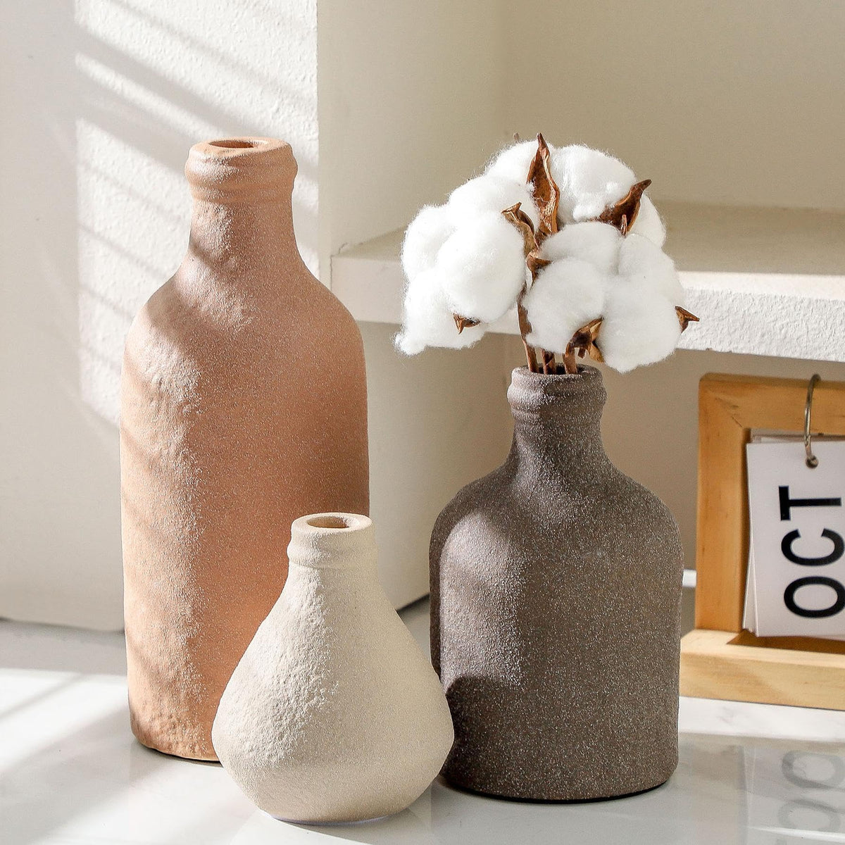 Ceramic Vase Set of 3, Vases Home Decor, Decorative Vases for Table, Boho Flower Vase Modern Neutral Vases for Room Decor, Table, Mantel,Entryway Living Room Kitchen Bedroom Bathroom - Brown