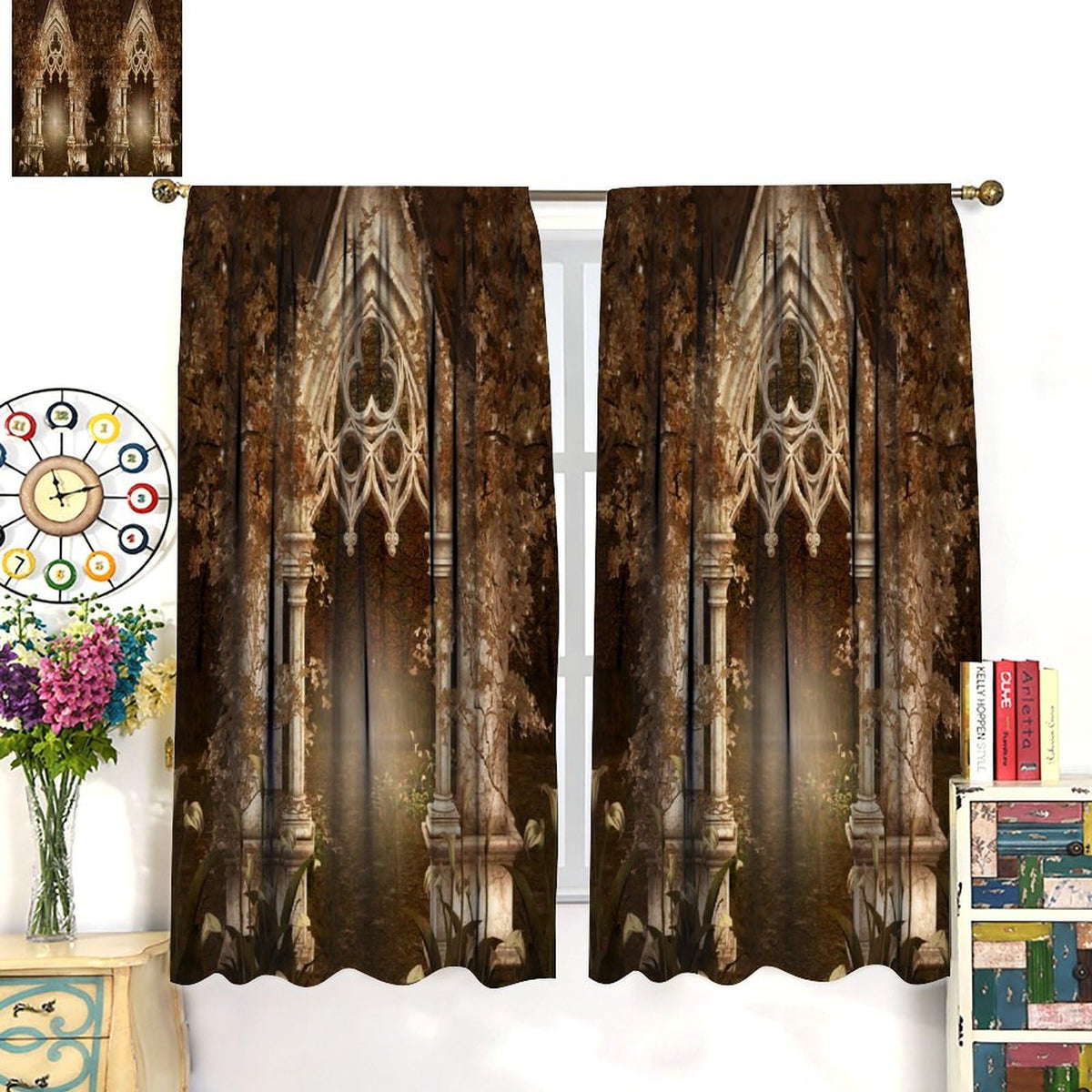 YCness Fantasy Nature Landscape Curtains, Golden Sparkle Gothic Fantasy Gate Magic Dreamland Fairy Window Treatments for Kitchen Living Room Bedroom Home, 2 Panels 42x45 Inch