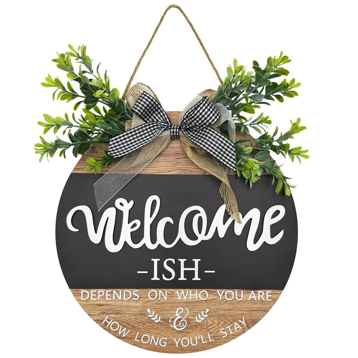 Round Wood Welcome Sign for Front Door,Rustic Hanging Wood Wreaths Sign,Farmhouse Porch Fence Welcome Wreaths Decorations.(12inch)