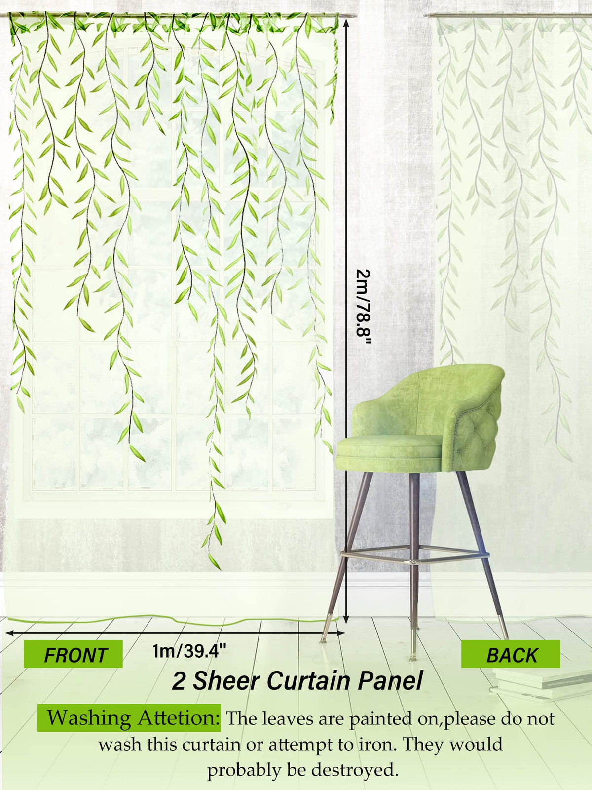 Breling Willow Voile Curtains Cute Green Sheers Leaf Tulle Vine Window Sheers Ivy Pretty Curtain for Living Room Bedroom Window Door Balcony (39.4 x 78.7 Inch,Print Style,2)