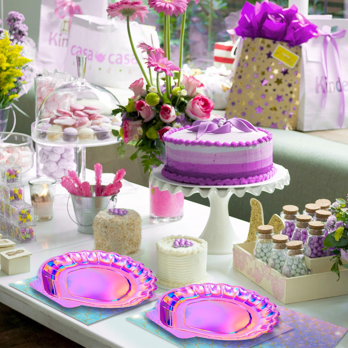 Gersoniel 40 Pcs Iridescent Pink Mermaid Party Supplies Set, 20 Clam Shell Plates and 20 Mermaid Scales Napkins Party Decorations Disposable Paper Plates and Napkins Seashell for Birthday(Shell)
