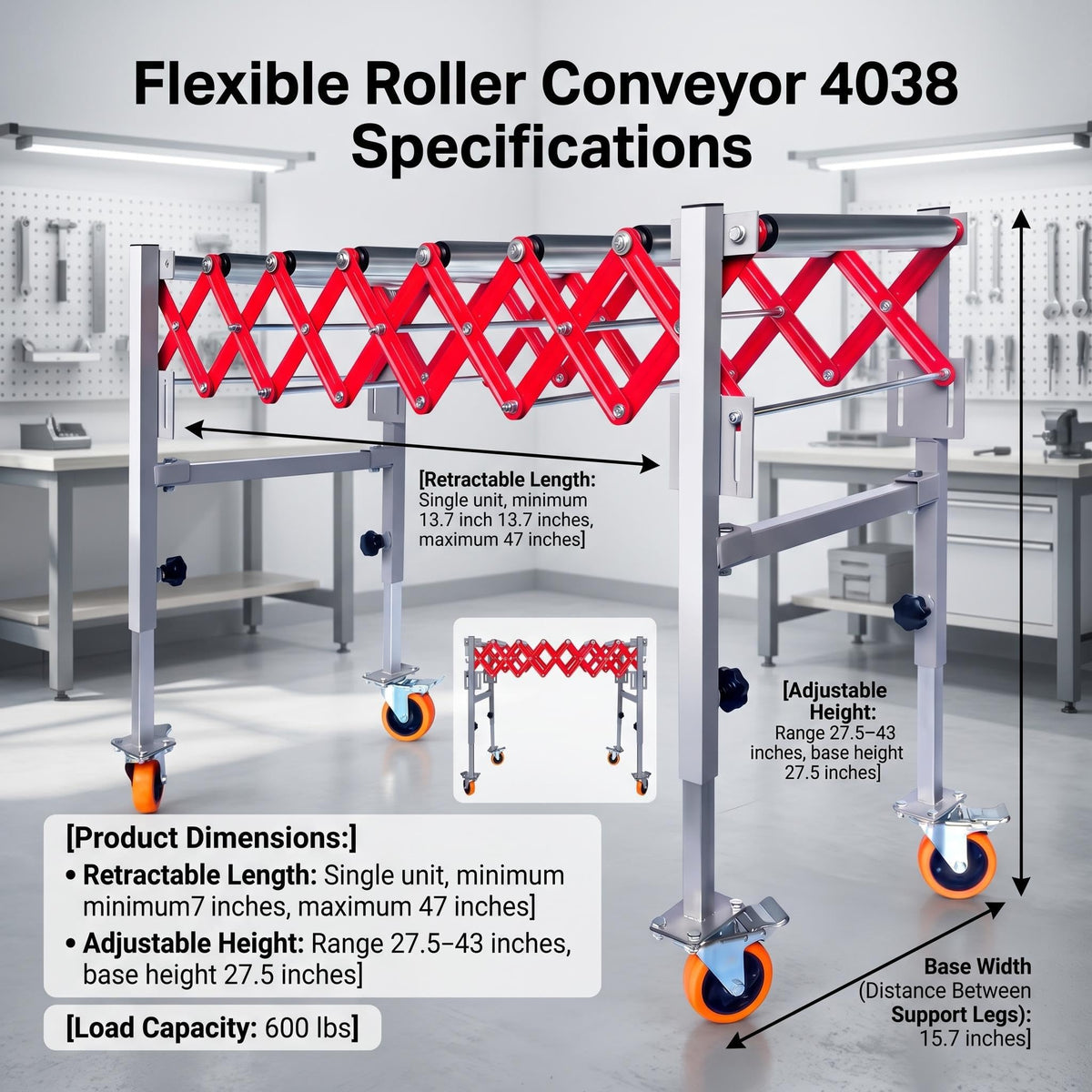 600LBS Adjustable Roller Conveyor Table, 16 Inch Wide Expandable Conveyor System, Height Adjustable 27.5"-43", Mobile Support for Warehouse Operations