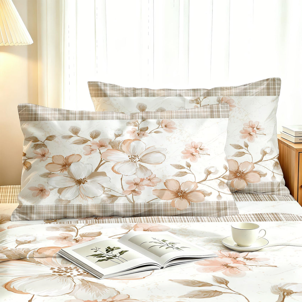 Plaid and Floral Queen Sheet Set Farmhouse Flat Fitted Sheet Sets
