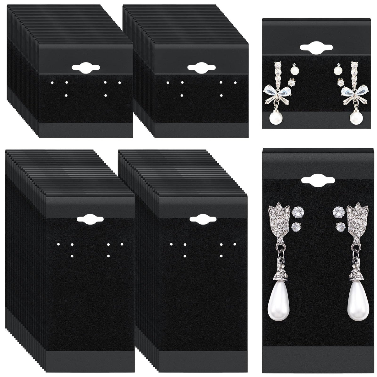 Tondiamo 200 Pcs 2 Size Black Velvet Plastic Earring Cards for Selling Jewelry 2'' x 2'' and 2'' x 4'' Earring Display Cards Holder Bulk for Earrings, Ear Studs Jewelry Accessories