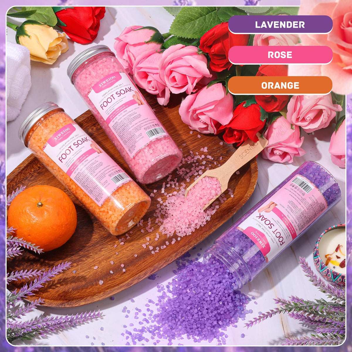 XIWEIOO 3 Pack Foot Soak Salts Kit Epsom Salt - Himalayan Pink Salt - Dead Sea Salt - Foot spa Care Best for Good Sleep Essential Oils Tea Tree Oi Lavender Rose for Women