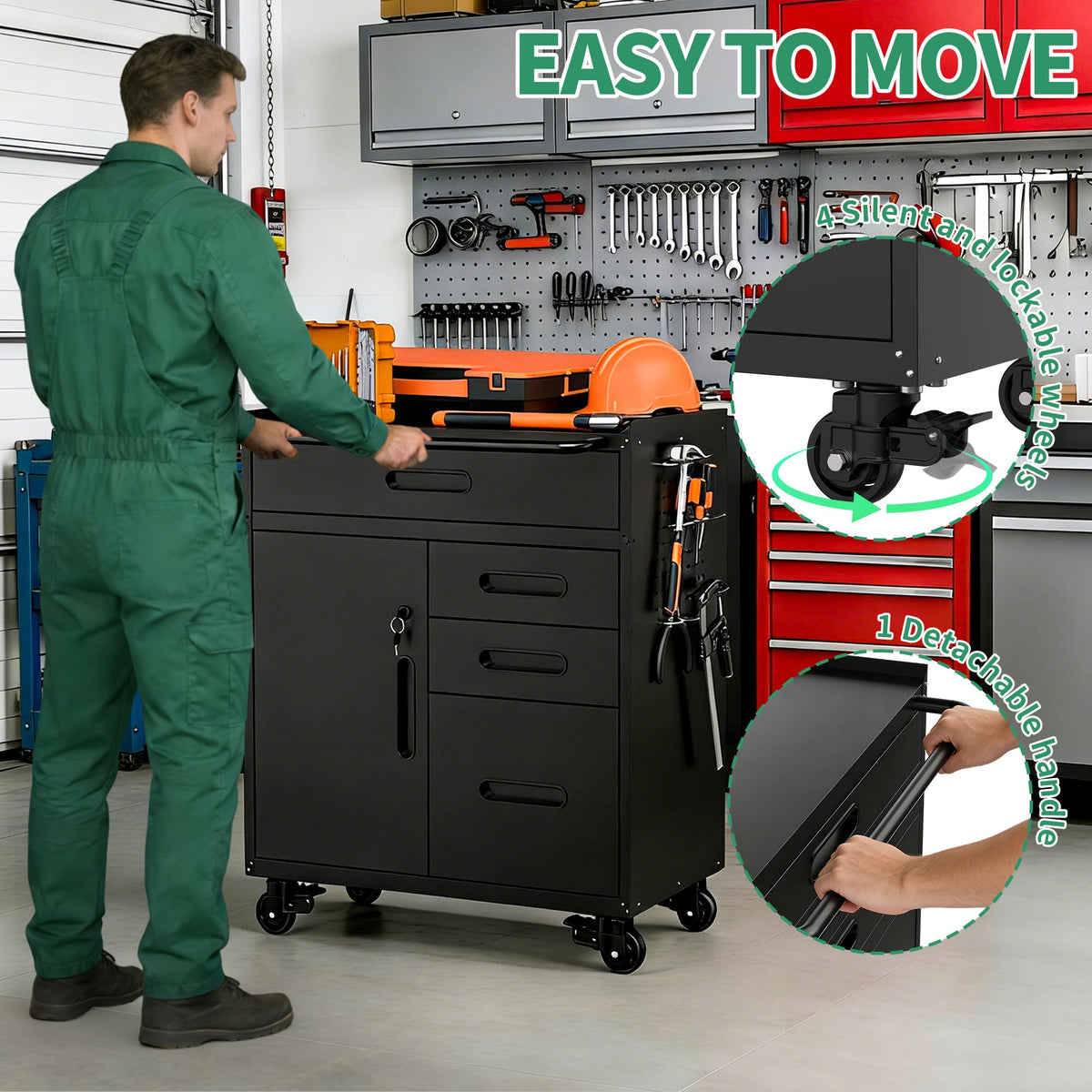 VIYET Garage Storage Cabinet,Metal Rolling Tool Cabinet with 2 Pegboard and 10 Hook,Heavy Duty Mechanics Tool Chest Storage for Workshop, Basement,Warehouse,Include Workbench Liner,Black