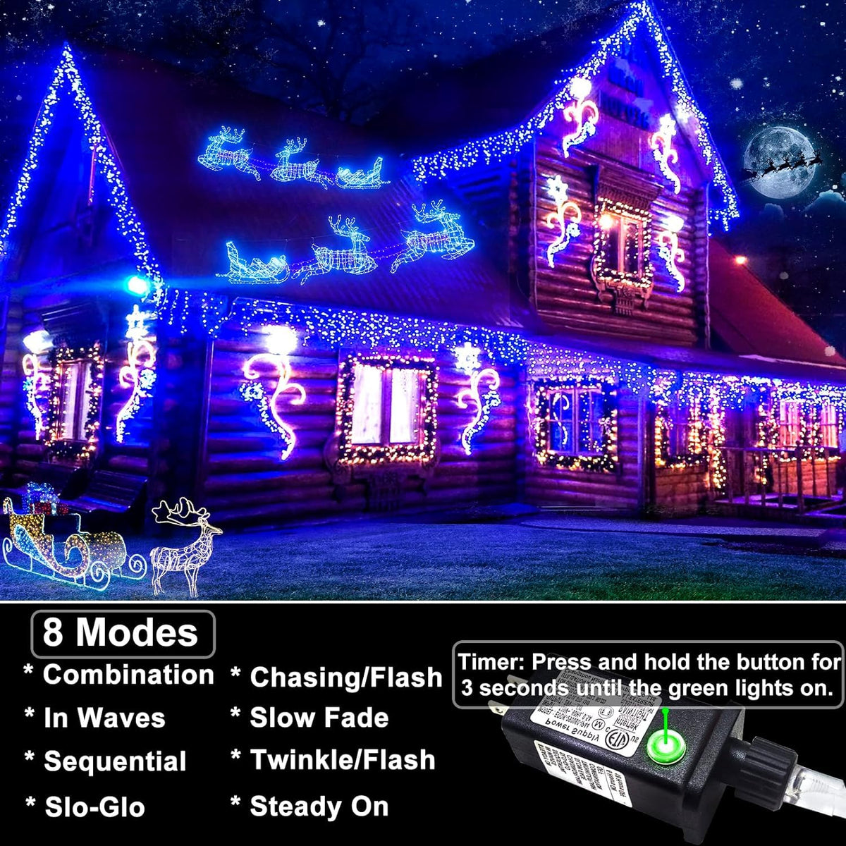 Icicle lights Outdoor - 66ft Christmas Lights with 640LED 120 Drops 8 Modes, Plug in Curtain String Lights Waterproof for Holiday Wedding Party Home Garden Bedroom Indoor Outdoor Decoration, Blue