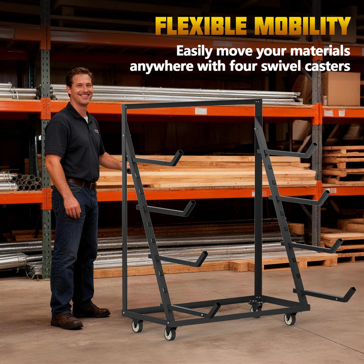 4 Tier Pipe And Lumber Storage Rack - Heavy Duty Pipe Rack With 4IN Swivel Casters And Adjustable Support Bar Weight Capacity Up To 1200LBS, Plywood Storage Shelf For Garage, Workshop And Warehouse