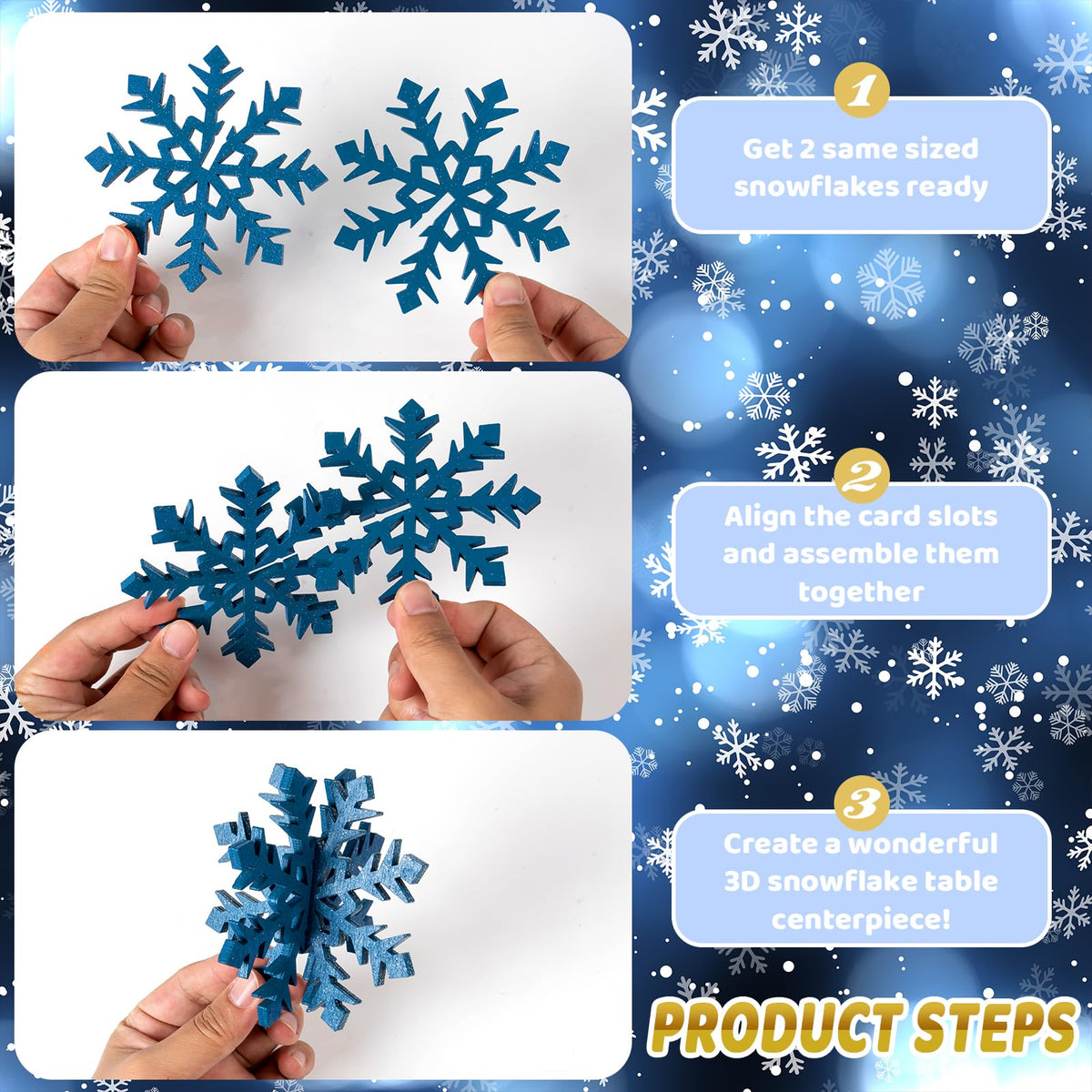 OuMuaMua 12 Set Winter Christmas Centerpiece Table Decorations - 24pcs Wooden Snowflakes Decor 3D White Blue Snowflake Tabletop Decor for Xmas Holiday Tiered Tray Winter Farmhouse Home Decor