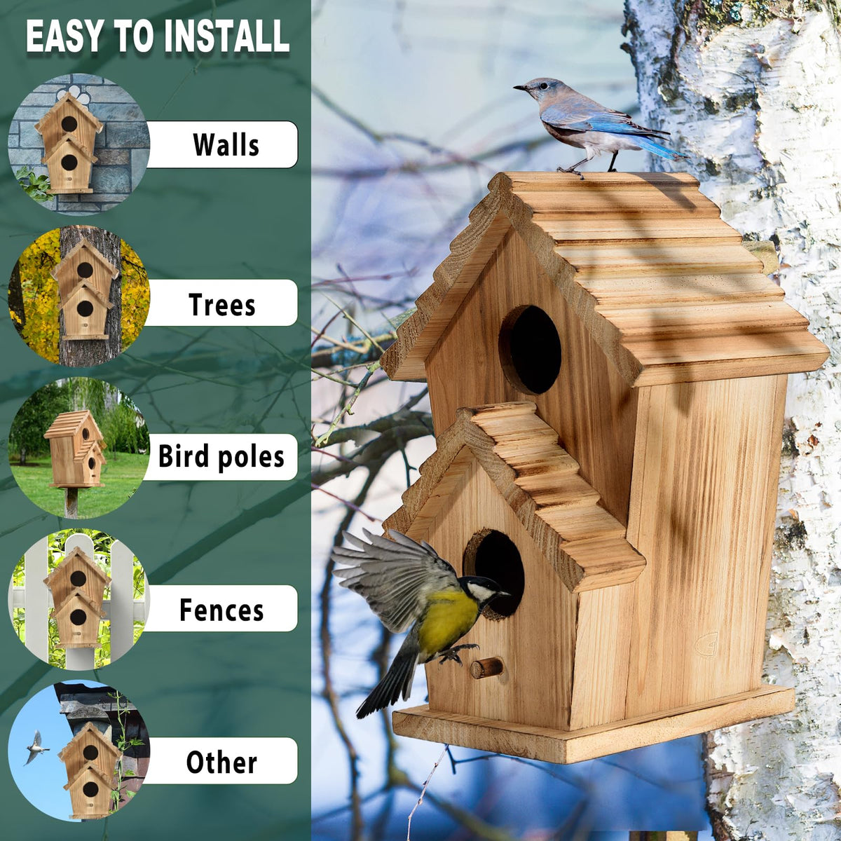 Bird Houses for Outside, Wooden Outdoor 2 Hole Bird House, Can Accommodate 2 Bird Families Suitable for Bluebird,Finch,Cardinals, Garden Hanging Birdhouse No Assembly Required
