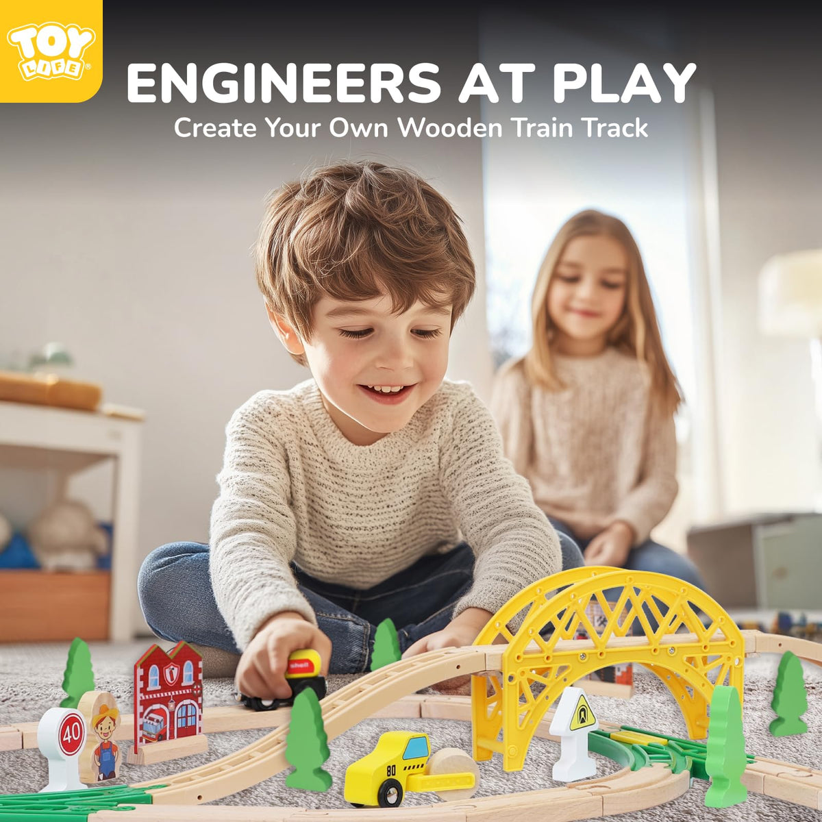 TOY Life Wooden Train Set 60pcs with Magnetic Crane, Wooden Train Tracks Toys for Toddlers Boys Girls 3 4 5, 3 Year Old Boy Gift, Wood Toys Toddler Train for Kids 4-8 - Fits Thomas Brio Chuggington