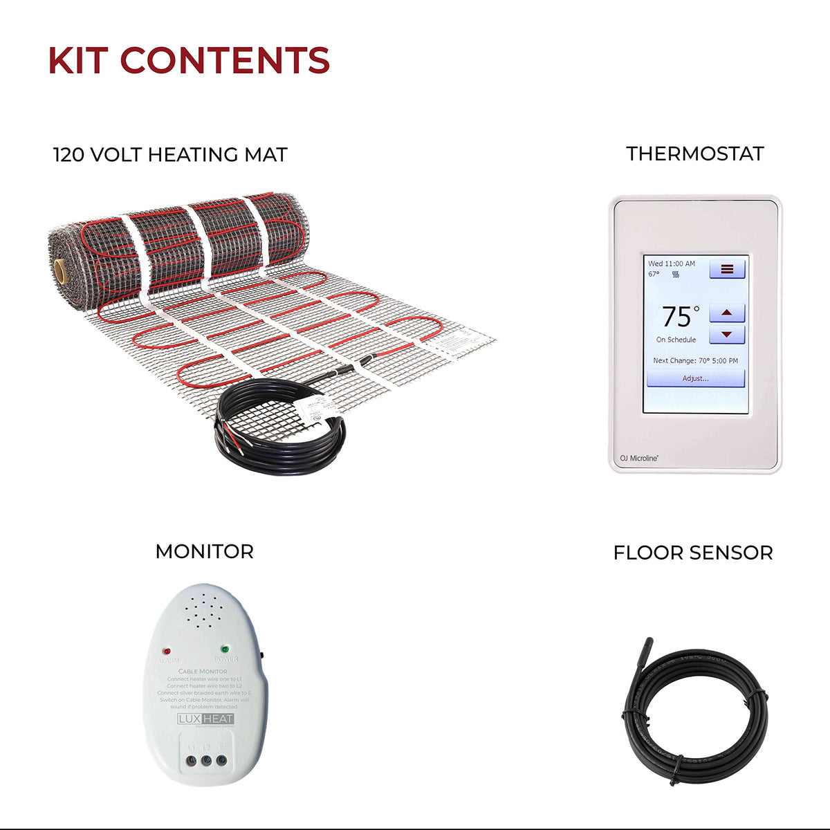 LuxHeat 30sqft Floor Heating Mat Kit - 120v Under Tile Floor Heating System - Complete Electric Radiant Heated Flooring System Includes Alarm, UDG4 Programmable Thermostat w/GFCI & Flooring Sensor