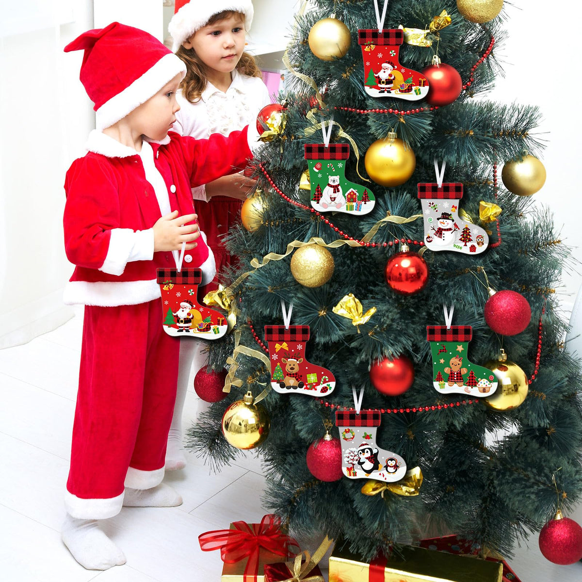 Fuyoooo 48 Pcs Christmas Craft Kits for Kids Christmas Stockings Christmas Tree Stockings Ornaments Kit Make Your Own Christmas Craft DIY Stockings Cutouts for Holiday Farmhouse Decor