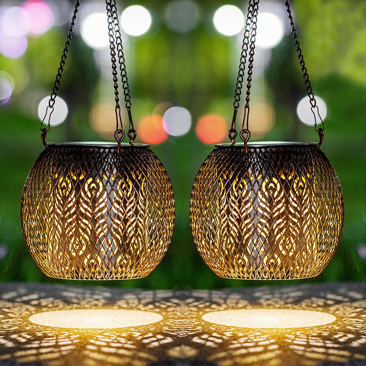 LeiDrail Hanging Solar Lanterns 2 Pack Solar Lanterns Outdoor Waterproof Garden Metal Decorative Light Patio Decor for Outside Yard Tree Tabletop Landscape