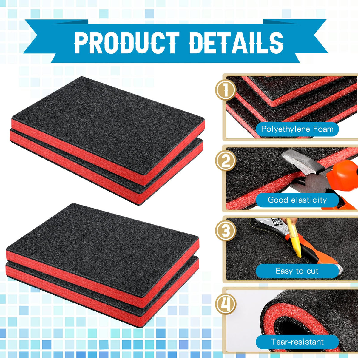 Outus 4 Pcs Cuttable Polyurethane Foam Pads Craft Foam Insert for Cases Packing Padding Camera Toolbox Storage(16 x 12 x 1 Inch,Red, Black)