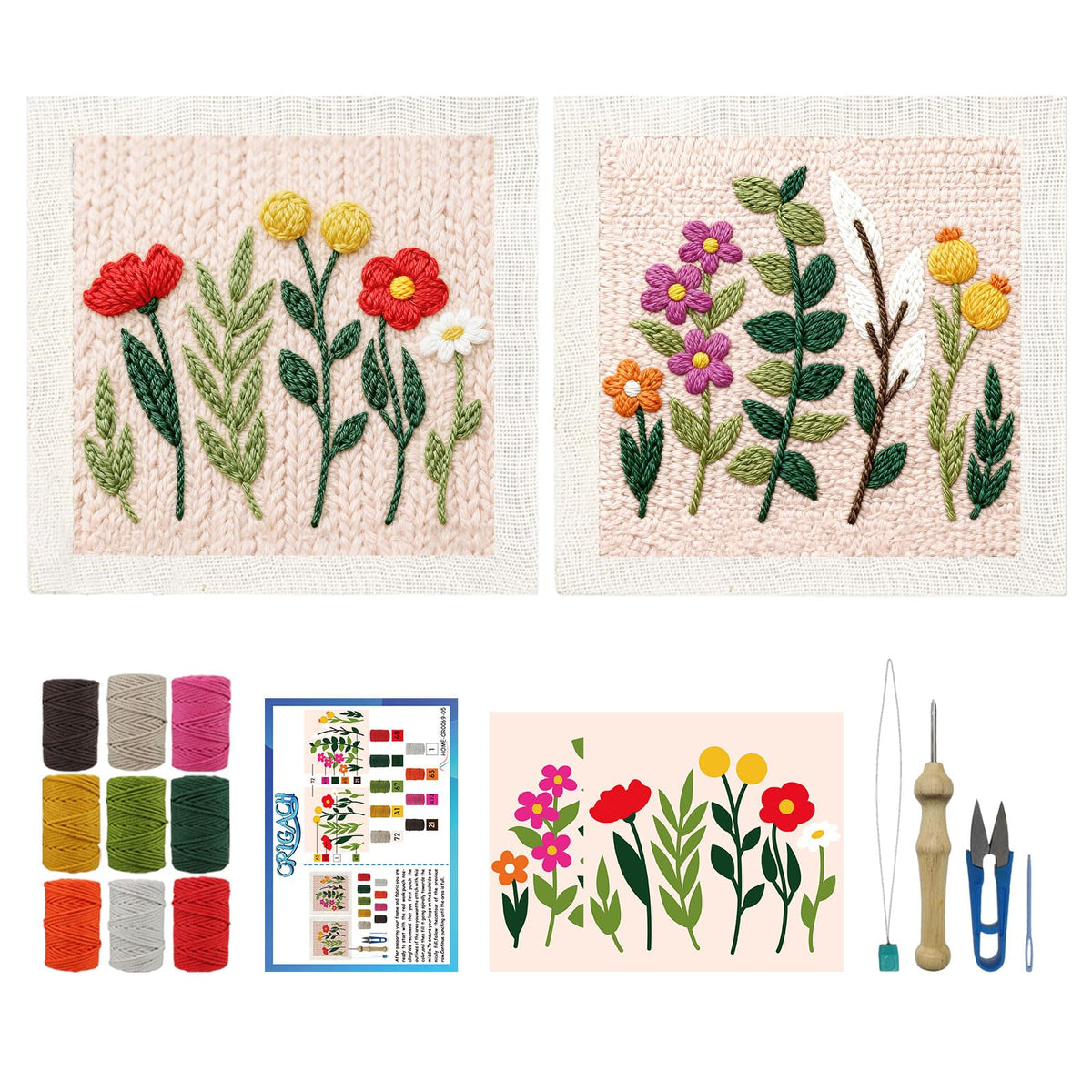 ORIGACH 2 Set Embroidery Punch Needle Kit with Frame, Wildflower Needle Punching Kit with Patterns, Threads, Tools & Instructions for Beginners & Adults, DIY Wall Hanging Decor
