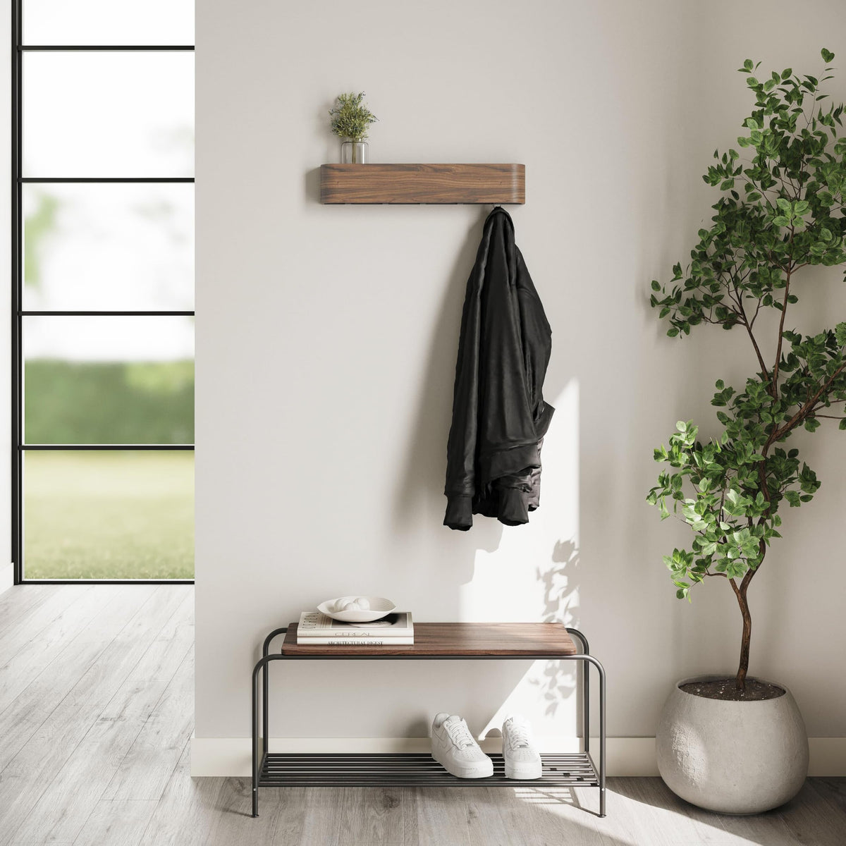 Kazai. Wall-Mounted Coat Rack 'Toke' - Modern Design Coat Rack with Hidden Wall Hooks - Solid Wood Veneer Panel Coat Hanger - Walnut