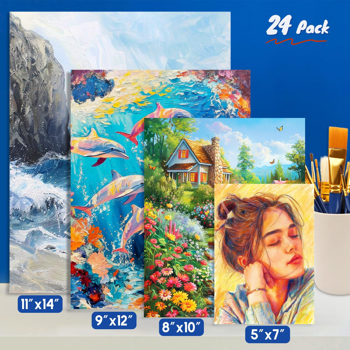 Halobios 24-Pack Canvas Boards for Painting, 6 of 5x7 8x10 9x12 11x14 Canvas Panels for Kid & Adults 100% Cotton Gesso Primed Art Painting Supplies for Acrylic, Oil, Tempera & Watercolor